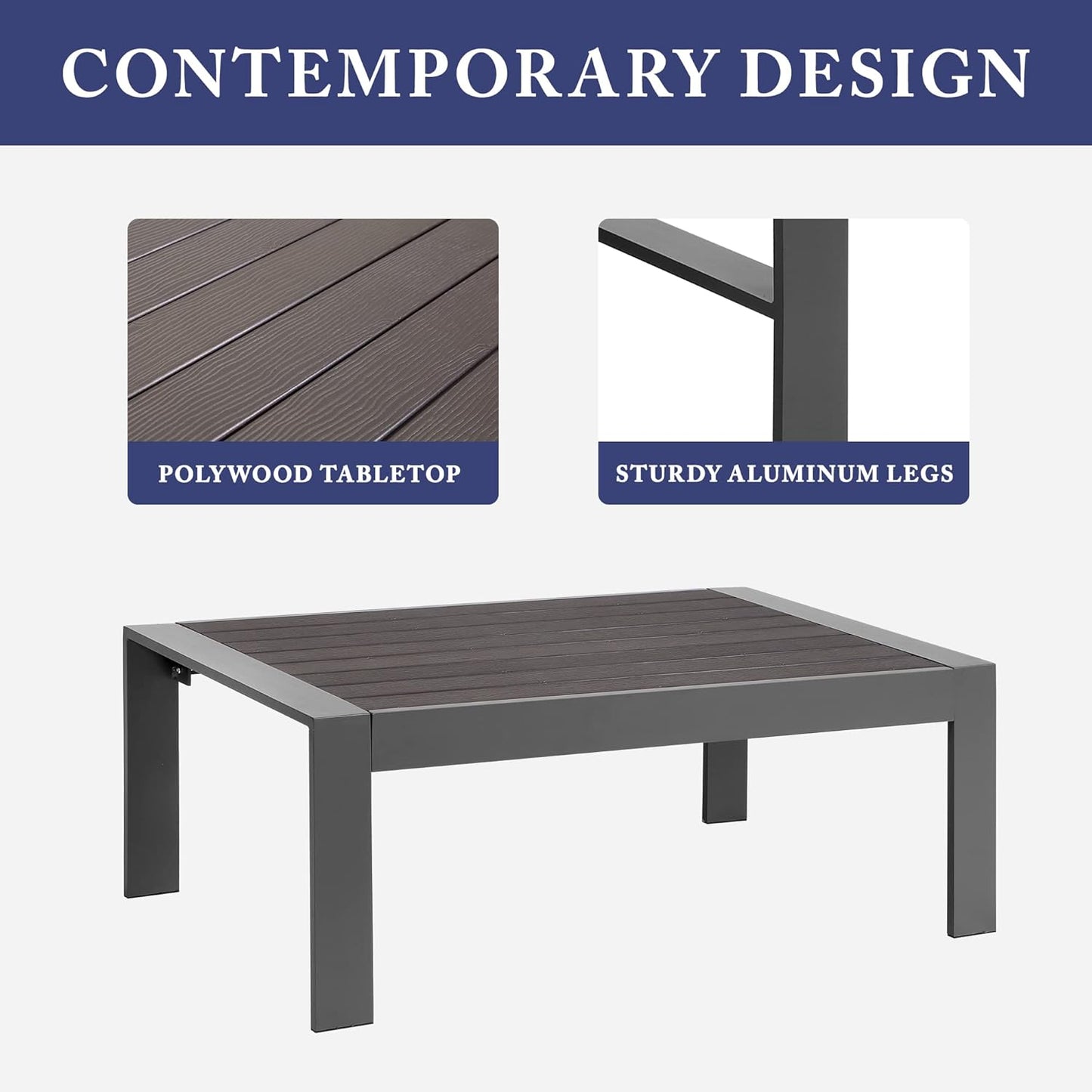 Patio Furniture Set, Outdoor Aluminum Sectional Sofa Couch with Coffe Table, All-Weather Metal Conversation Set with Upgraded Dark Grey Cushion