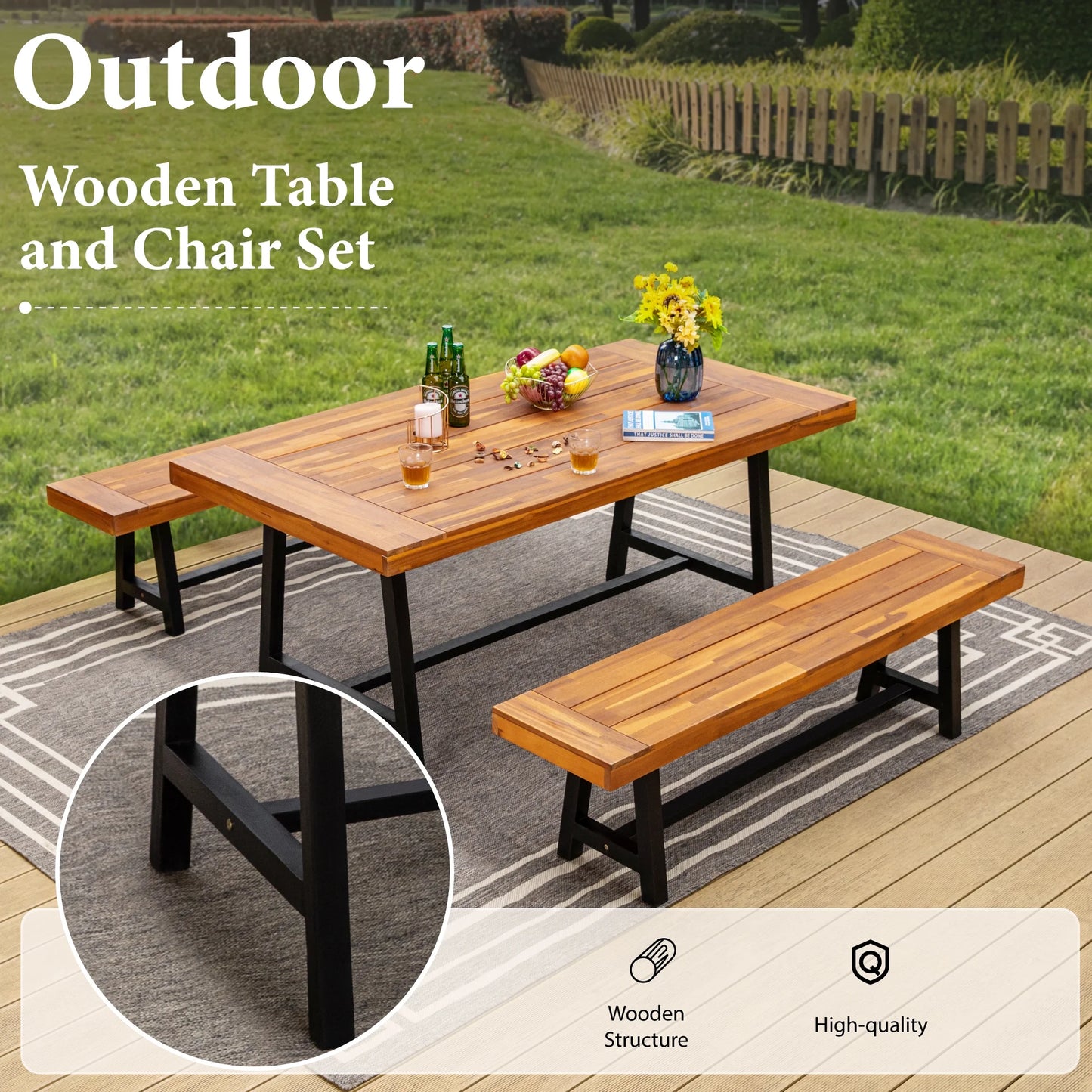Set of 3 Patio Wood Garden Bench Set Outdoor Dining Set with 1 Acacia Table and 2 Pieces Bench Chairs Suitable for 4 People