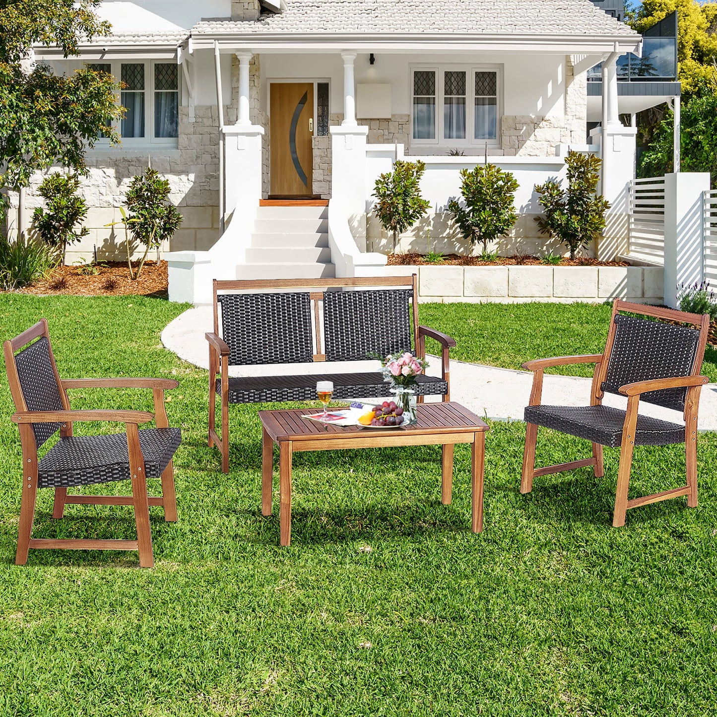 4 PCS Patio Rattan Furniture Set Acacia Wood Frame Sofa Loveseat Garden