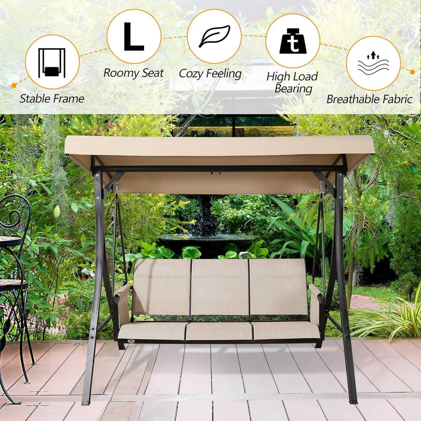 3-Seater Outdoor Porch Swing Patio Hammock Swing Glider Bench with Adjustable Canopy(Tan)