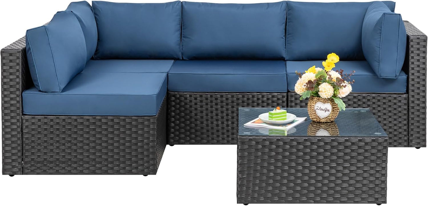 5 Pieces Outdoor Patio Furniture Set, All-Weather Rattan Patio Sectional Sofa Wicker Conversation Set with Glass Table and Cushions(Aegean Blue)