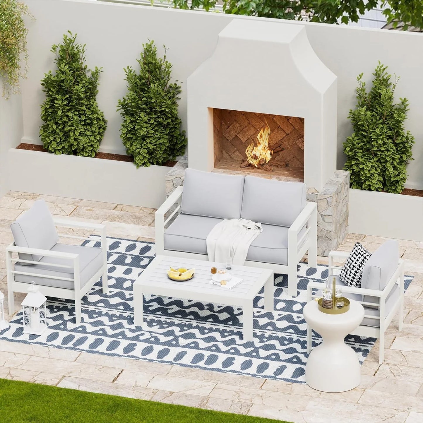 Aluminum Patio Furniture,Outdoor Metal Sectional Sofa with Table and Waterproof Covers,White Modern Patio Furniture Set for Garden Backyard (5-Piece)
