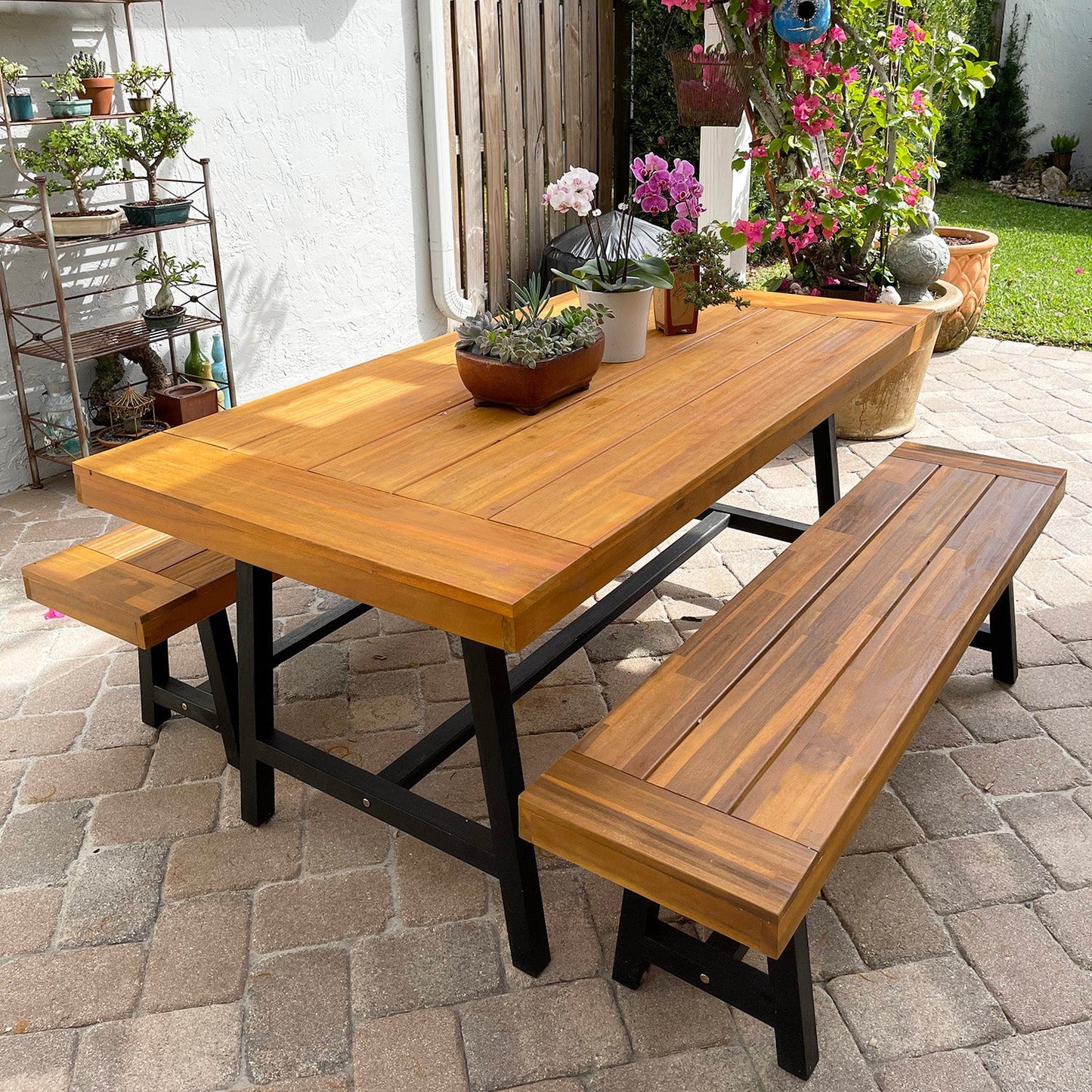 Set of 3 Patio Wood Garden Bench Set Outdoor Dining Set with 1 Acacia Table and 2 Pieces Bench Chairs Suitable for 4 People