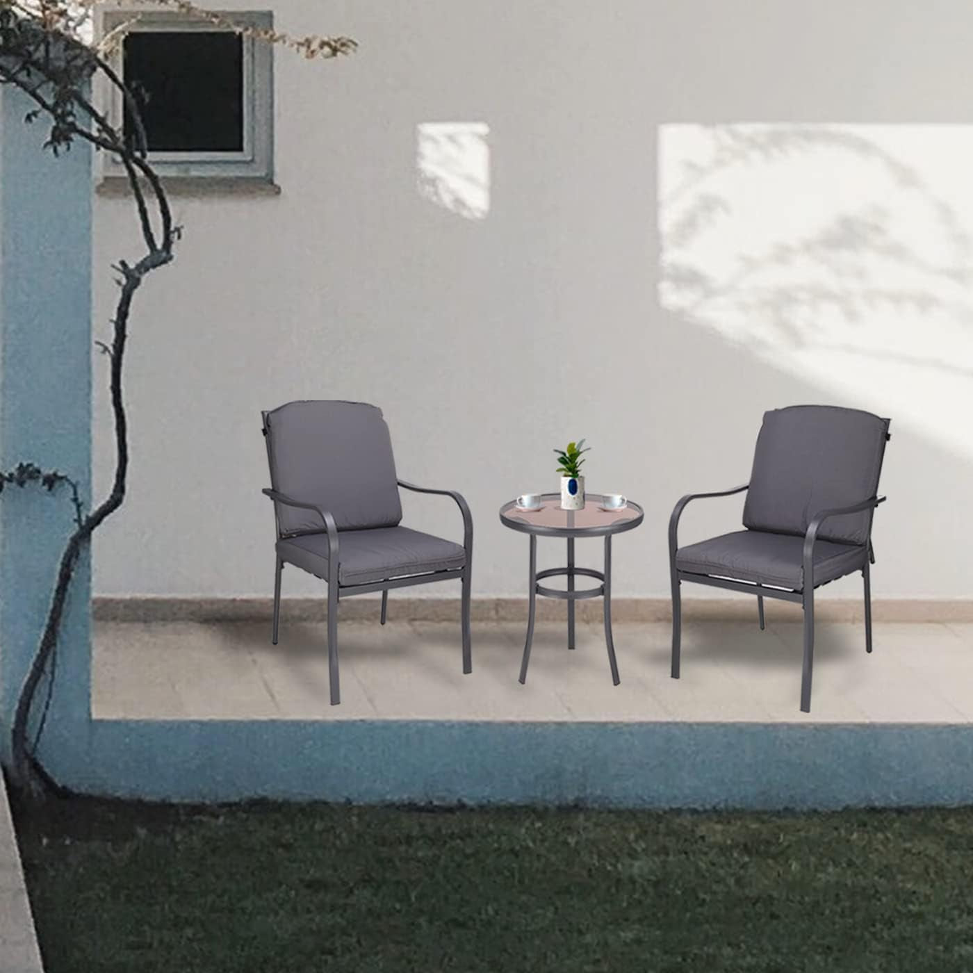 3 Pieces Outdoor Furniture,Patio Table and Chairs, Dinning Table and Chais, Patio Conversation Set, Porch Patio Set, Furniture Patio All-Weather Outdoor Patio Furniture (Stone Grey)