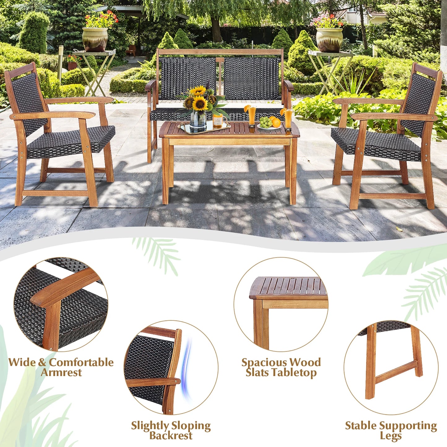 4 PCS Patio Rattan Furniture Set Acacia Wood Frame Sofa Loveseat Garden