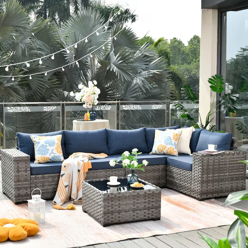 Shine Rattan Outdoor Sectional with Dark Gray Cushions and Rattan Frame