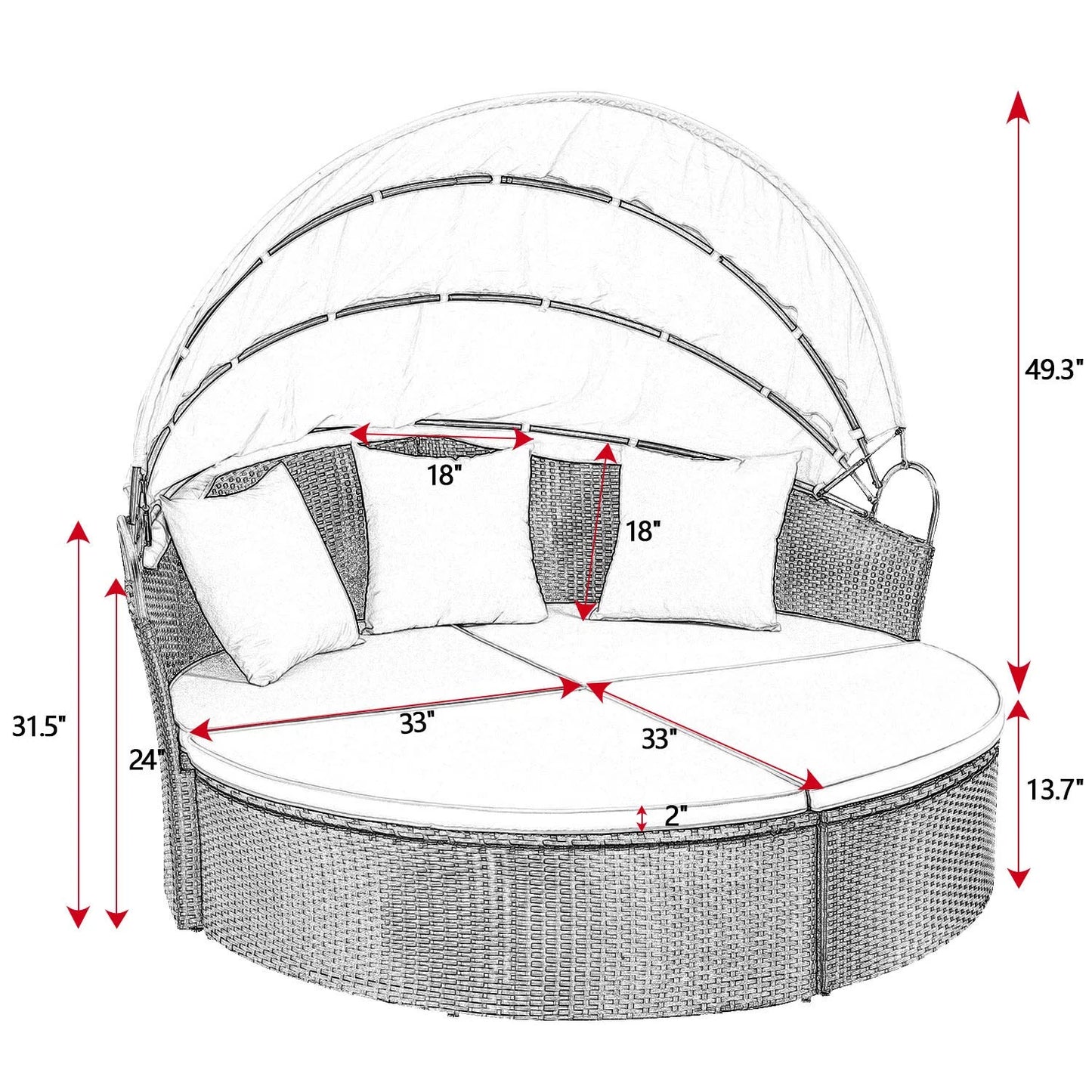 Outdoor Patio round Daybed with Retractable Canopy Wicker Furniture Sectional Seating with Washable Cushions for Patio Backyard Porch Pool Daybed Separated Seating (Beige)