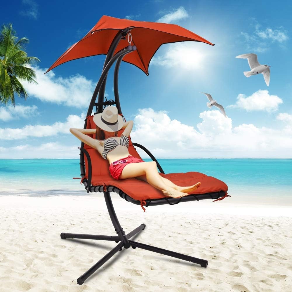 Patio Chair Hammock Chair Hanging Chairs Indoor Outdoor Swing Lounge Chair with Pillow, Canopy, Stand - Heavy Duty Arc Stand Floating Curved Chaise for Pool, Backyard, Deck - Orange