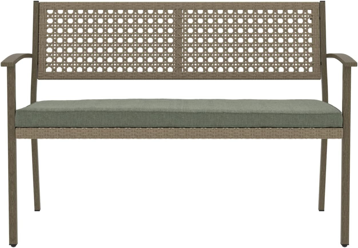 Outdoor Bench, Wicker Patio Benches with Cushion, Patio Loveseat for Front Porch Backyard outside Furniture Decor (Green Cushion, Wicker Rattan)