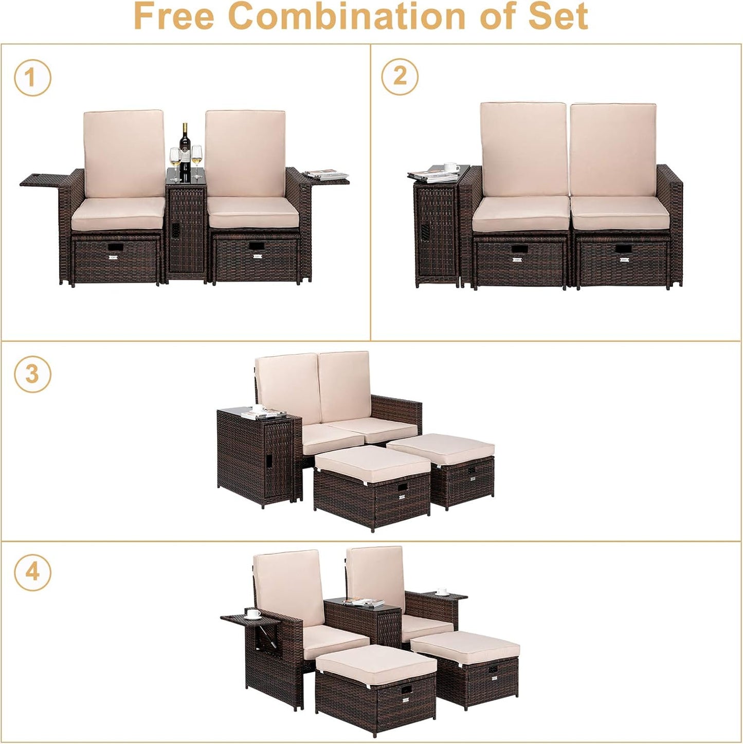 5 PCS Patio Wicker Loveseat Outdoor Patio Adjustable Lounge Chair with Ottoman, Patio Conversation Set Outdoor Rattan Sofa Set for Garden, Patio, Balcony (Brown)