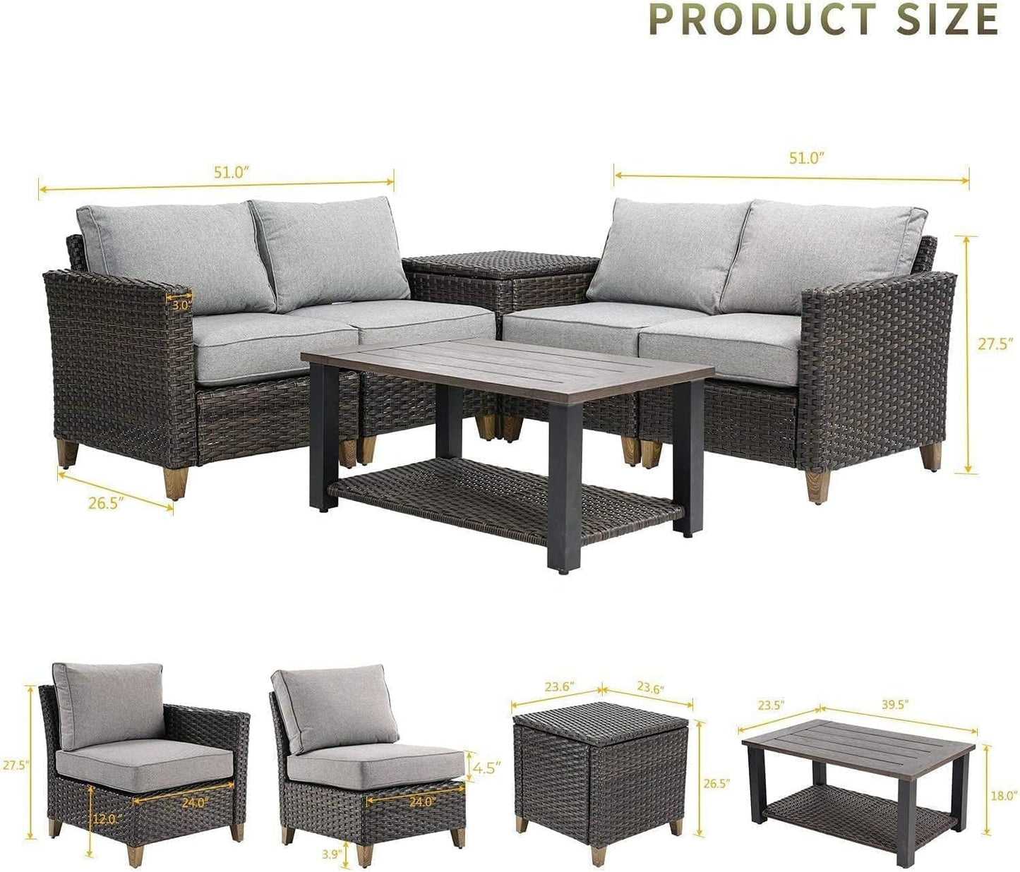 Sofa Sets Outdoor Furniture Sets 6 Pieces Conversation Set, PE Wicker Patio Furniture Sectional Sofa with Thick Olefin Cushions for Yard Garden Porch &Brown