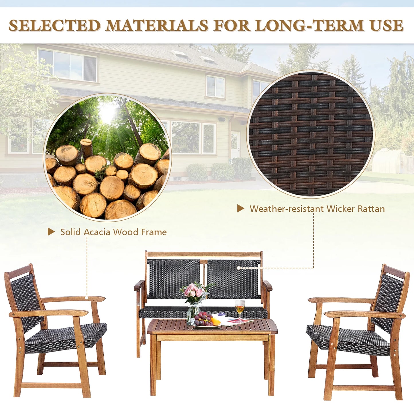 4 PCS Patio Rattan Furniture Set Acacia Wood Frame Sofa Loveseat Garden