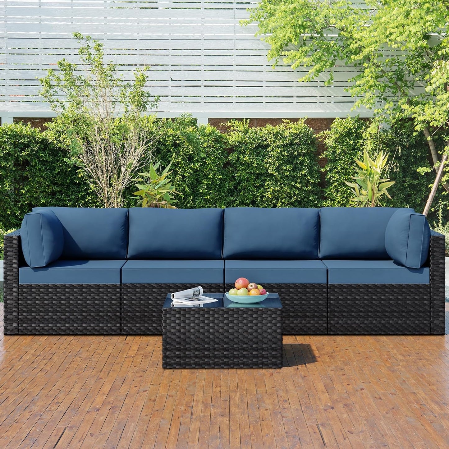 5 Pieces Outdoor Patio Furniture Set, All-Weather Rattan Patio Sectional Sofa Wicker Conversation Set with Glass Table and Cushions(Aegean Blue)