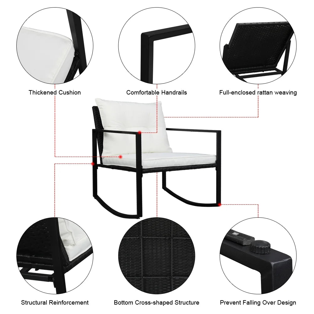 3 Pieces Patio Furniture Set Rocking Wicker Bistro Sets, Modern Outdoor Rocking Chair Furniture Sets Cushioned PE Rattan Chairs Conversation Sets with Coffee Table, Outdoor Chairs for Backyard, Q16777