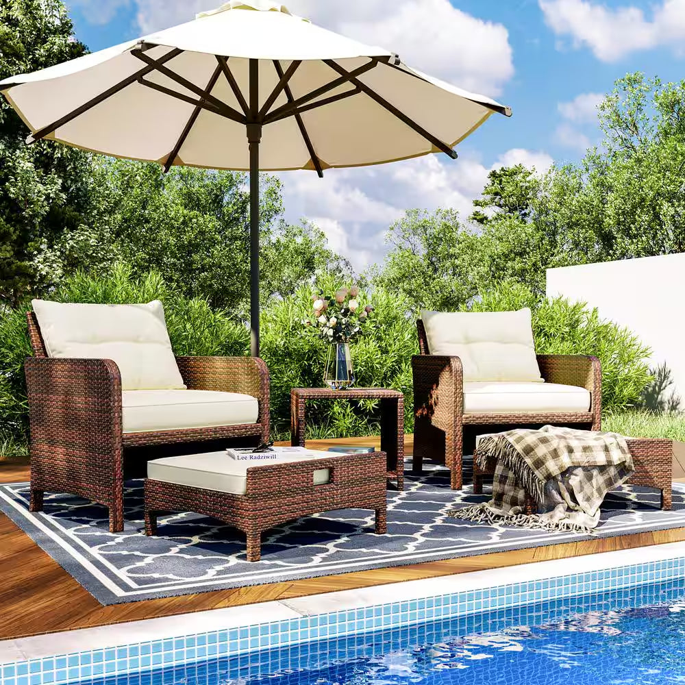 5-Piece Wicker Patio Furniture Set Outdoor Patio Chairs with Ottomans Beige