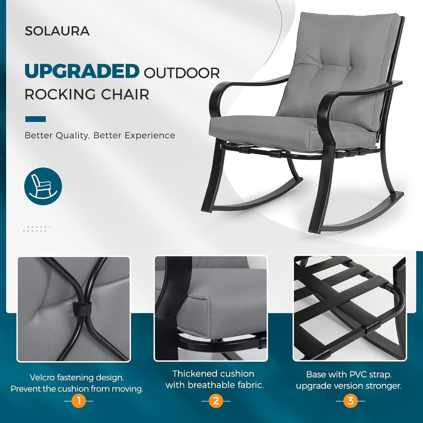 3-Piece Outdoor Rocking Chairs Bistro Set, Black Iron Patio Furniture with Gray Thickened Cushion & Glass-Top Coffee Table
