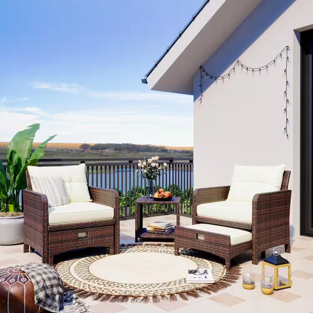 5-Piece Wicker Patio Furniture Set Outdoor Patio Chairs with Ottomans Beige