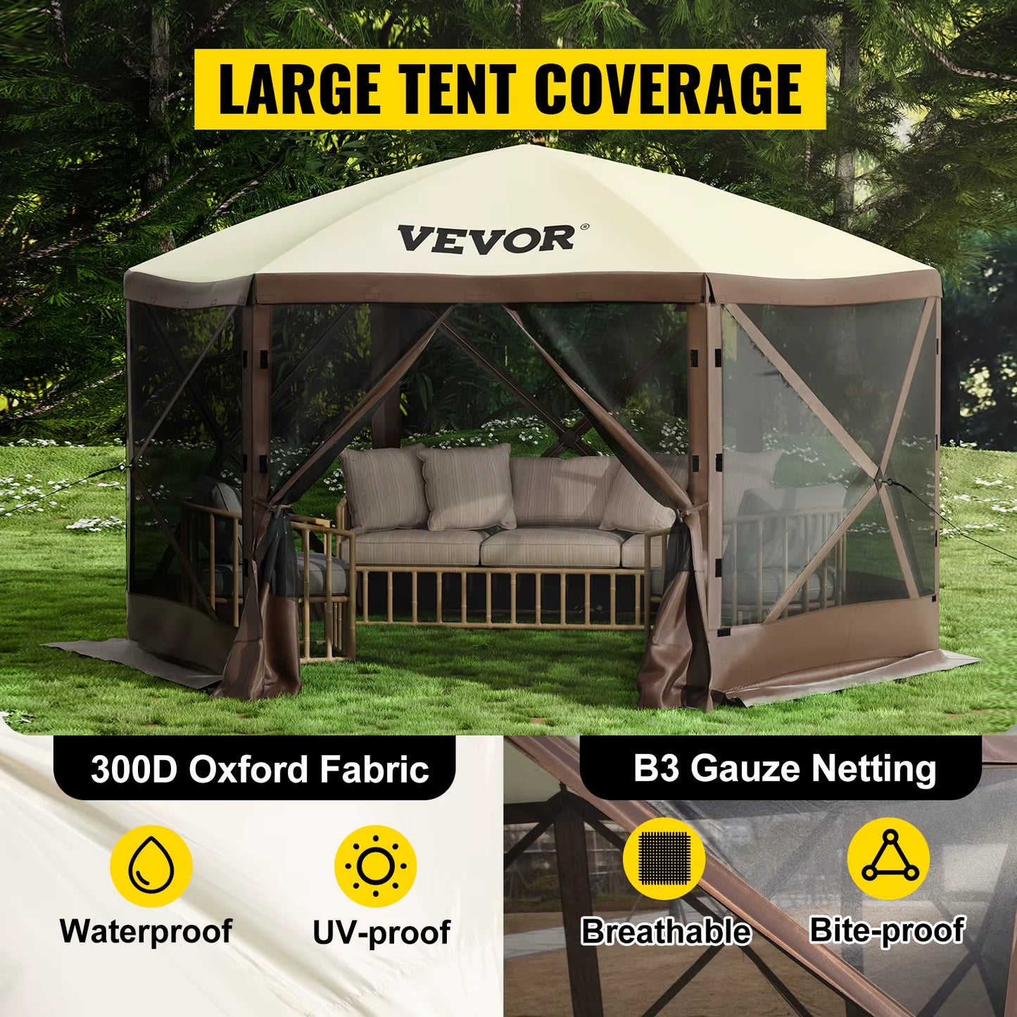 VEVOR Pop-Up Camping Gazebo Camping Canopy Shelter 6 Sided 12' X 12' / 10' X 10' Sun Shade Tents & Canopies Camping & Hiking