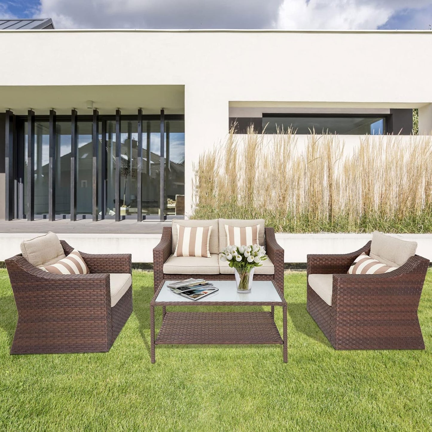Outdoor Furniture 4-Piece Conversation Furniture Set All Weather Brown Wicker with Beige Cushions & Sophisticated Glass Coffee Table