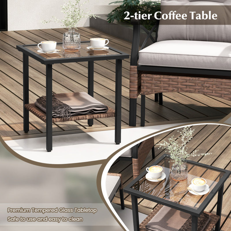 5 Pieces Wicker Patio Furniture Set Ottomans and Cushions and 2-Tier Tempered Glass Side Table