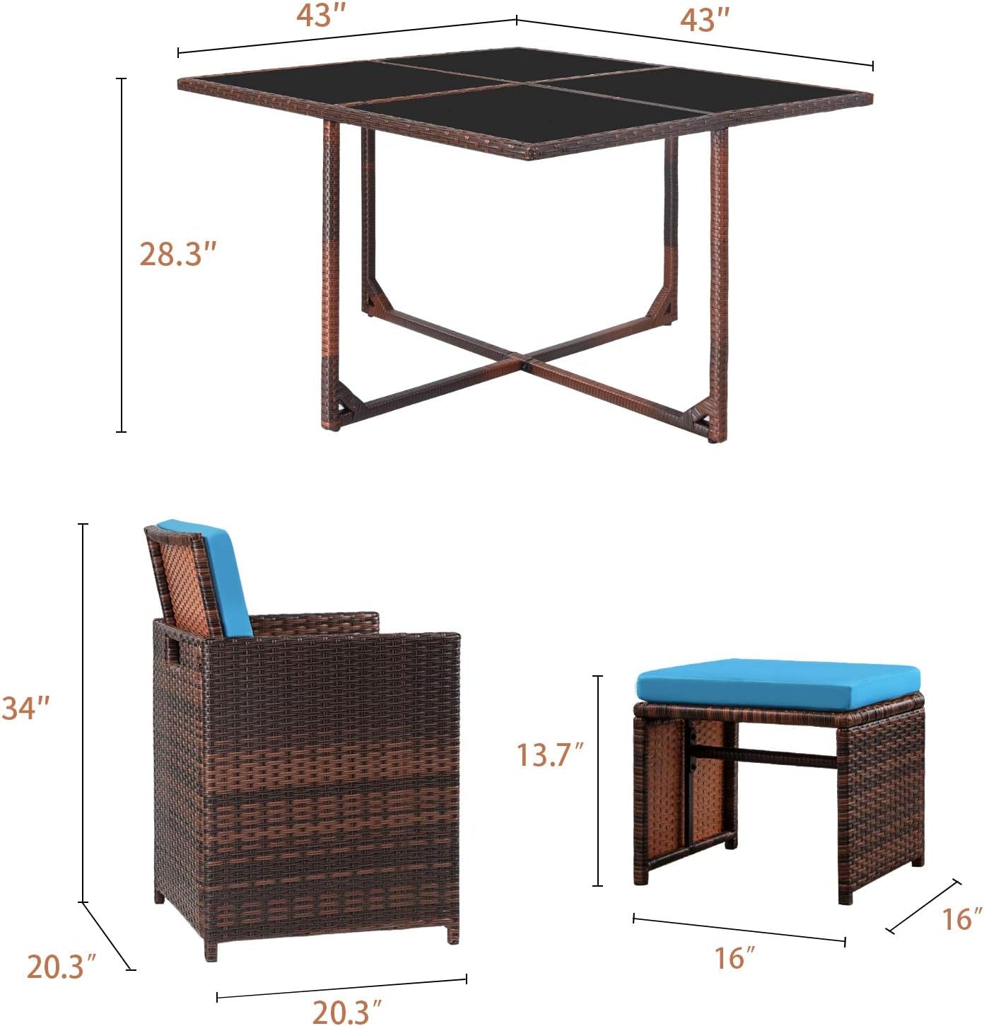 9 Pieces Patio Dining Outdoor Table and Chairs Table Set with Space Saving Rattan Chairs Patio Furniture Sets Cushioned Seating and Back (Blue)
