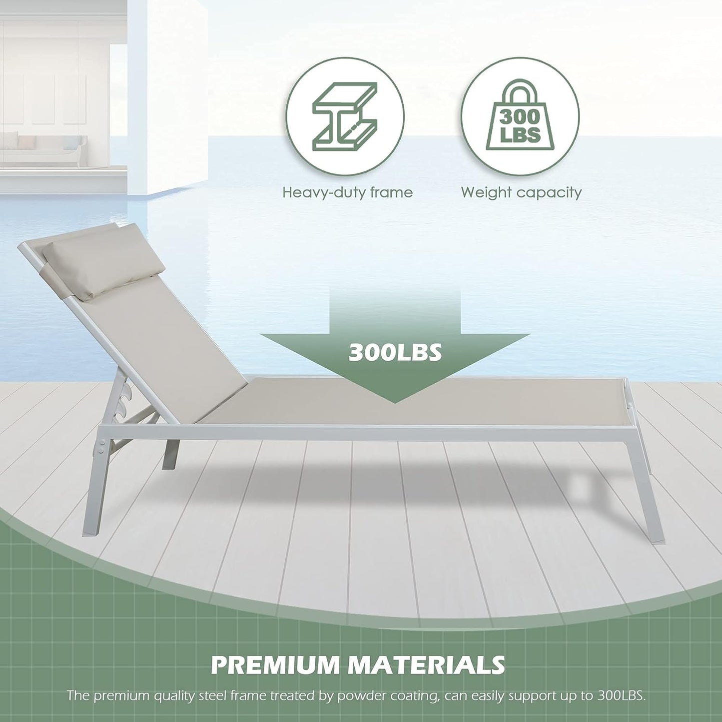 3-Piece Patio Chaise Lounges Set Outdoor Full Flat Lounge Chairs Set of 2 with Steel Table, Beige