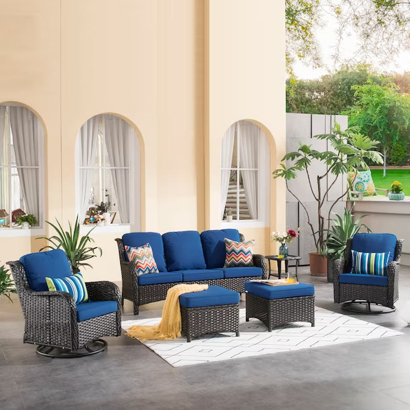 6 -Piece Rattan Patio Sofa Conversation Set with Blue Cushions