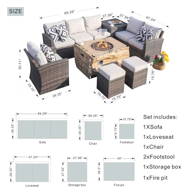 Arthur 7 -Piece Wicker Patio Sofa Conversation Set with Tan Cushions