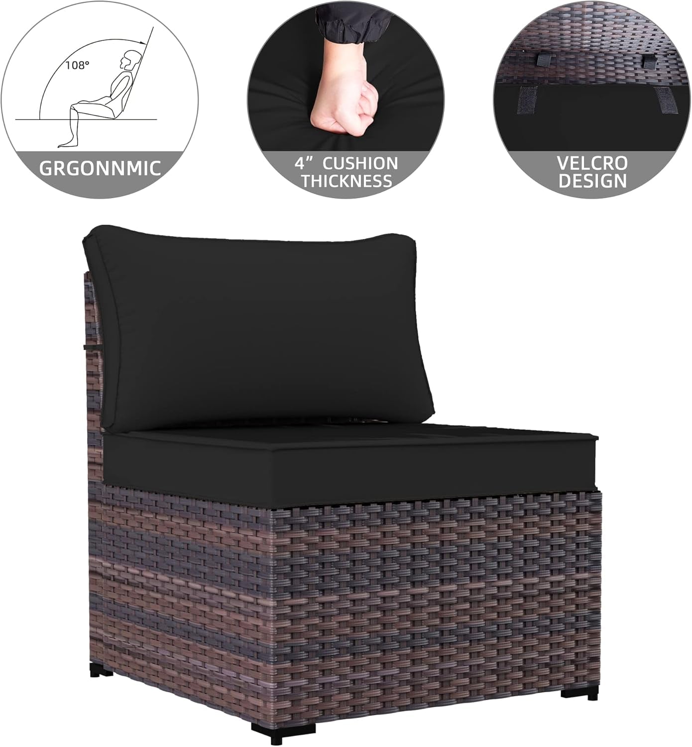 6 Piece Patio Furniture Sets Outdoor Conversation Sofa Set, All-Weather High Back PE Rattan Wicker Sectional Furniture Patio Sofa W/Tempered Glass Top Table&Thickened Cushions(Black)