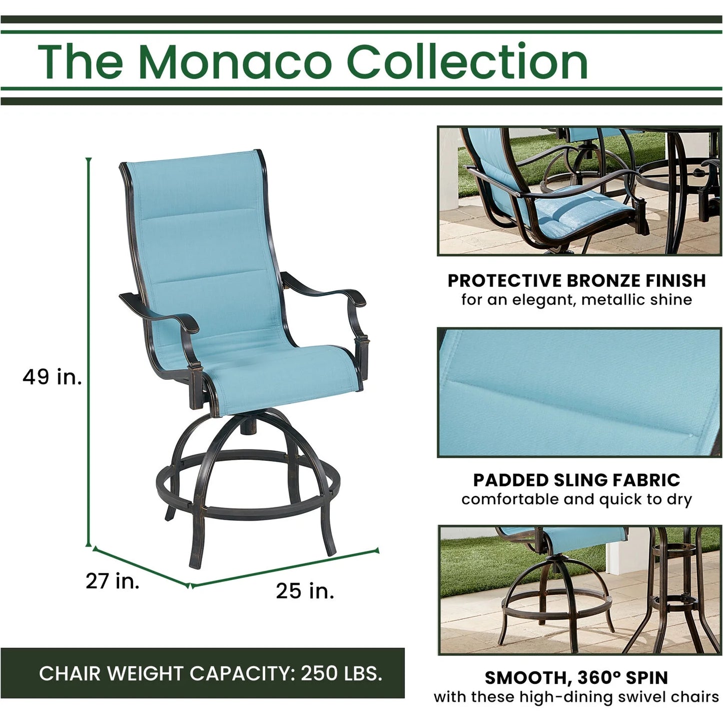 Monaco 7-Piece Outdoor High Dining Patio Set, 6 Counter-Height Padded Sling Swivel Chairs, 56" round Tile Table, 9' Umbrella, and Umbrella Base, Bronze Finish, Rust-Resistant, All-Weather