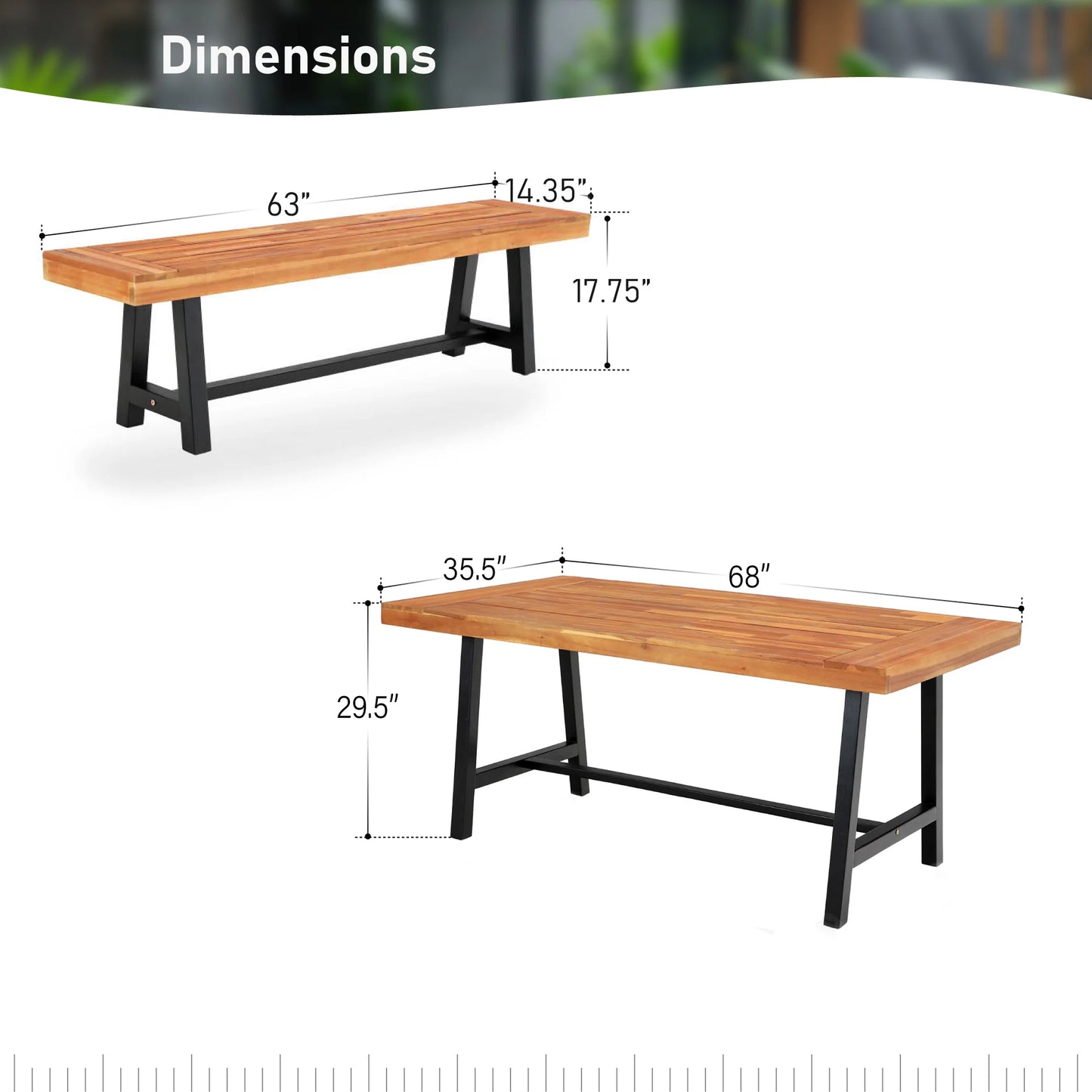 Set of 3 Patio Wood Garden Bench Set Outdoor Dining Set with 1 Acacia Table and 2 Pieces Bench Chairs Suitable for 4 People