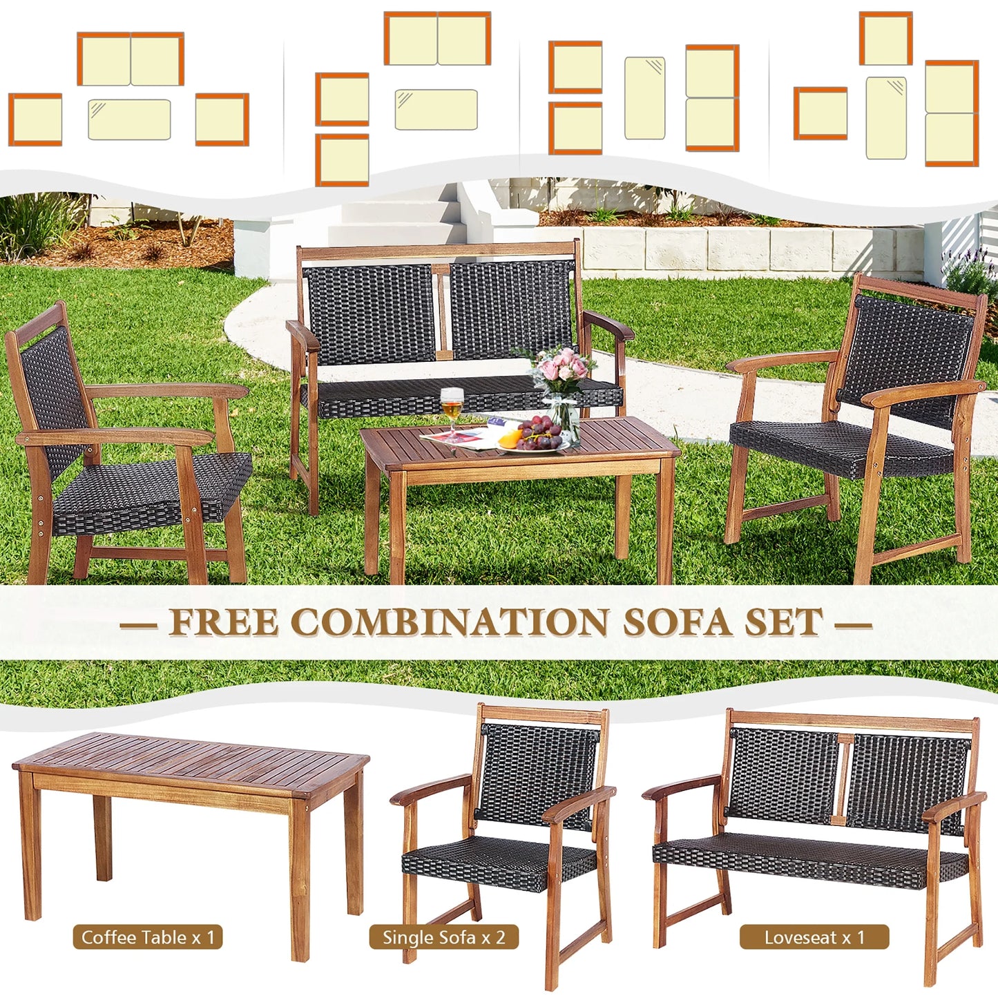 4 PCS Patio Rattan Furniture Set Acacia Wood Frame Sofa Loveseat Garden