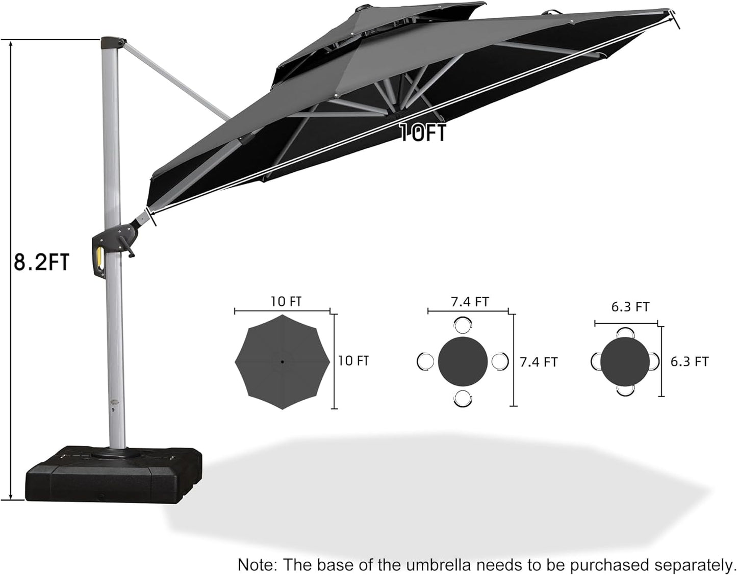 10 Feet Patio Umbrella - Large round Cantilever Umbrella, Windproof, Heavy Duty for Garden, Deck, Pool & Patio, Grey