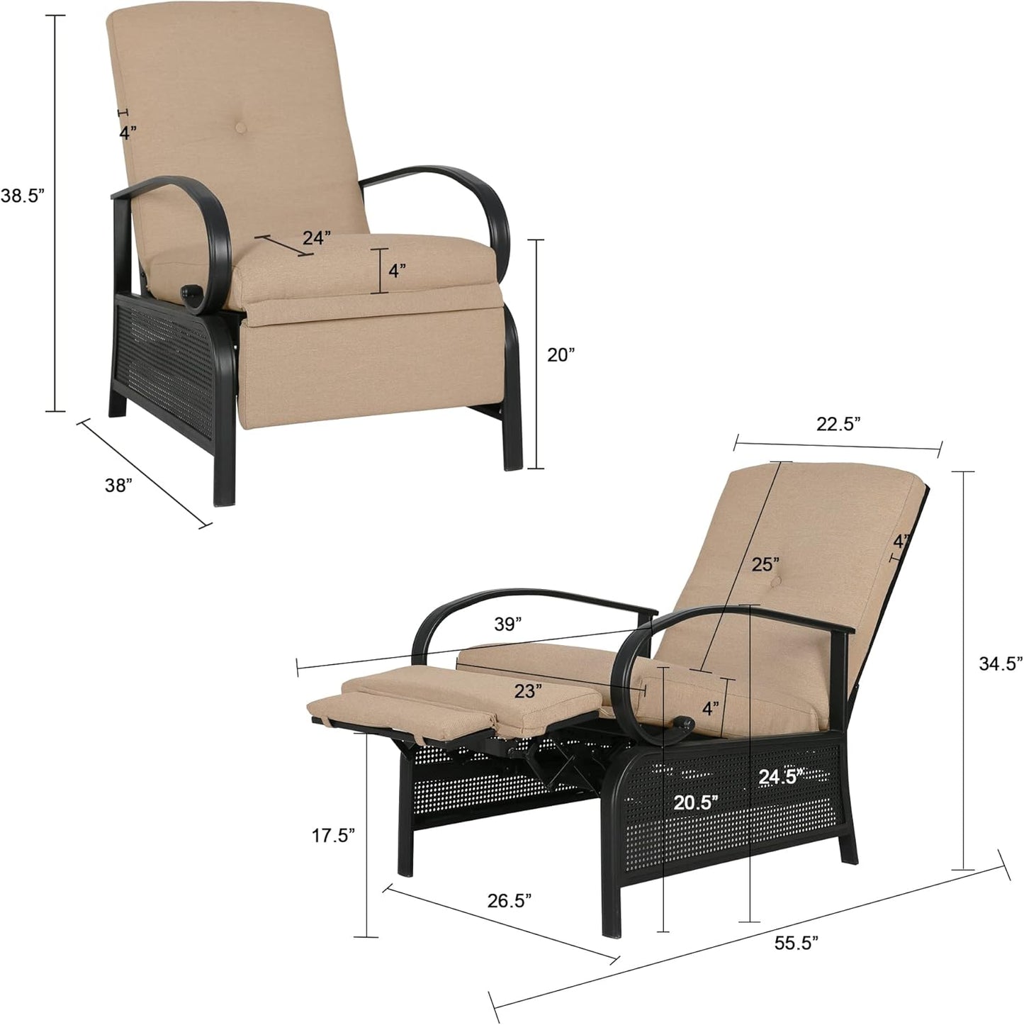Adjustable Outdoor Reclining Lounge Chair Patio Recliner Chair with Strong Extendable Metal Frame and Removable Cushions for Outdoor Reading or Relaxation (Beige) (NPT237)