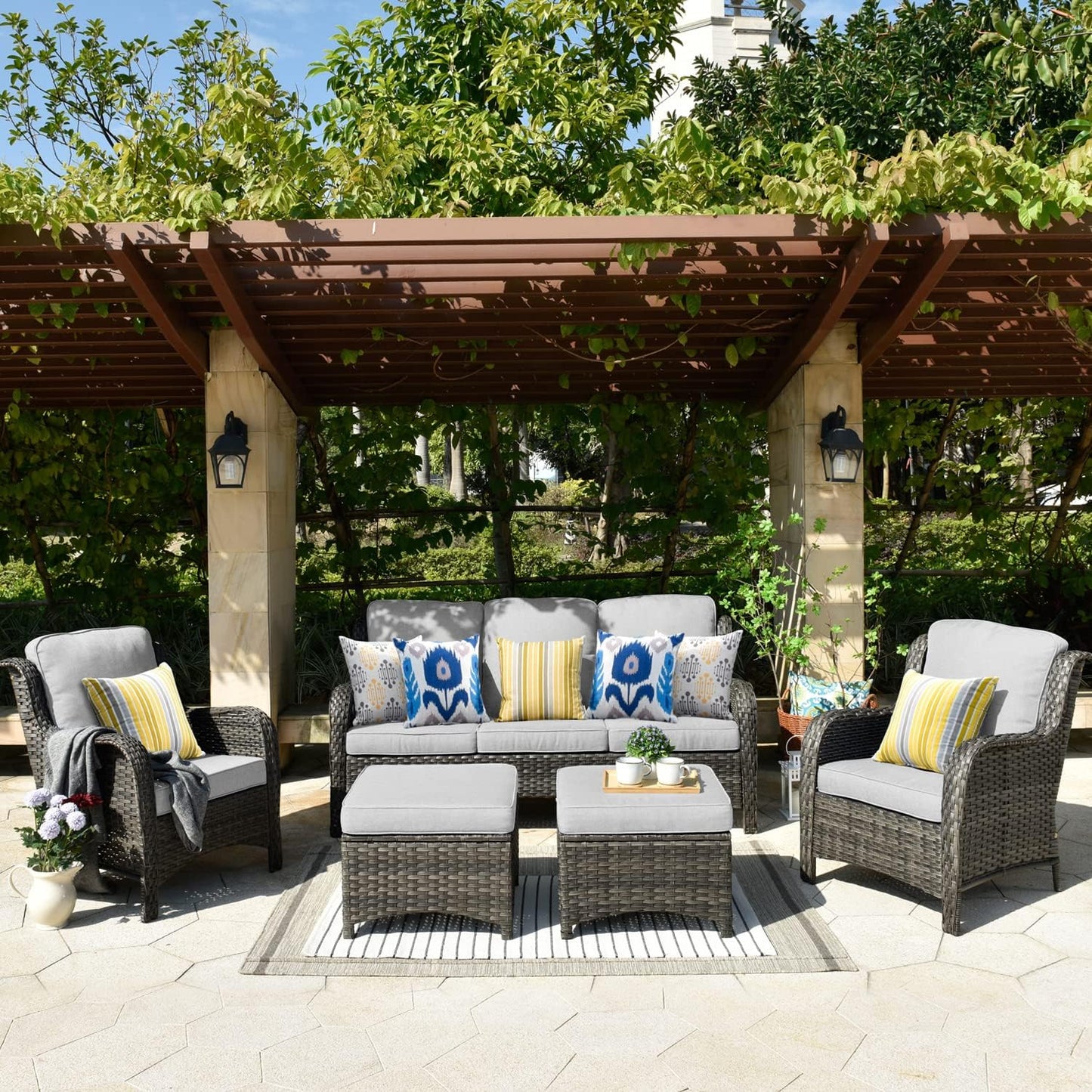 Patio Furniture Sets with High Back Sofa,5 Pieces Outdoor Furniture Conversation Set,All Weather Wicker outside Couch with Chairs and Ottomans,Grey Wicker Grey Cushion
