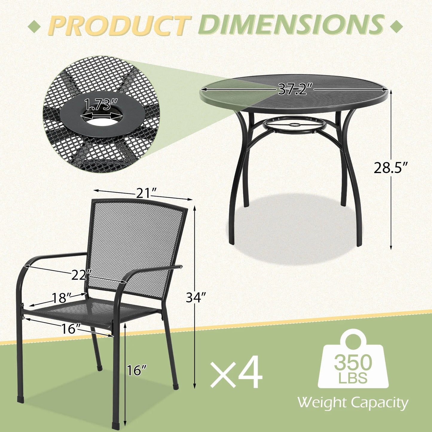 5-Piece Patio Metal Dining Set with round Table Dark Gray 4-Persons
