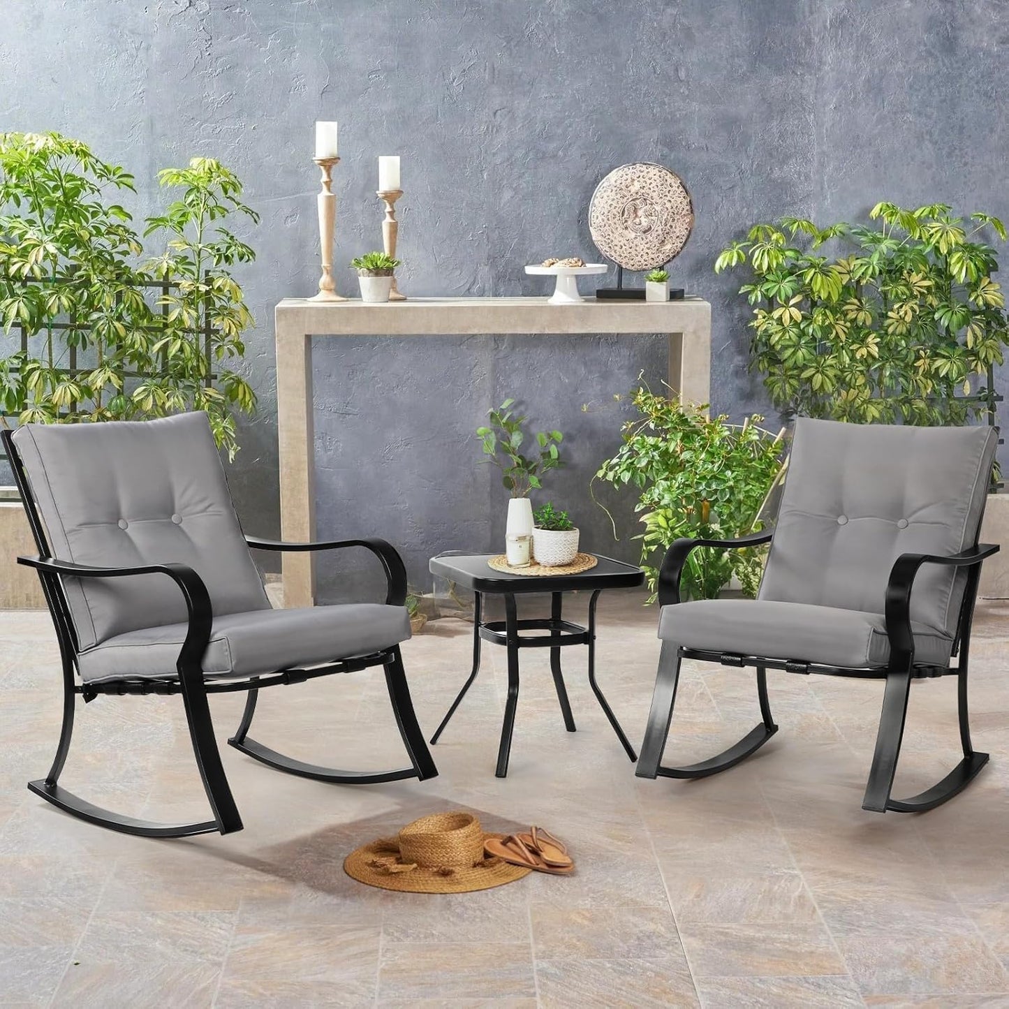 3-Piece Outdoor Rocking Chairs Bistro Set, Black Iron Patio Furniture with Gray Thickened Cushion & Glass-Top Coffee Table