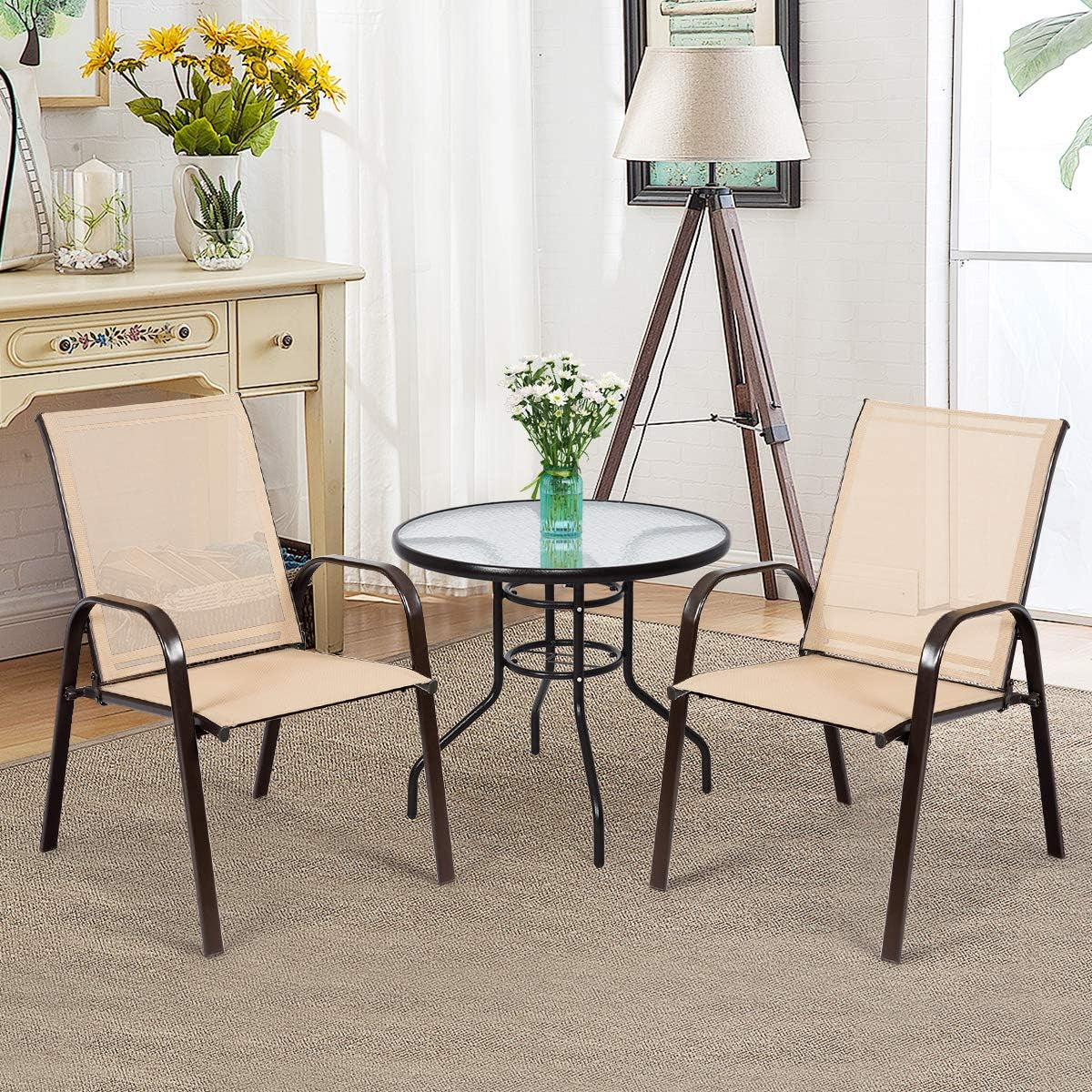 Set of 2 Patio Chairs, Outdoor Bistro Armchairs with Metal Frame, Mesh Seats, High Backrest, Patio Dining Chairs for Porch Garden Pool Balcony Yard Deck