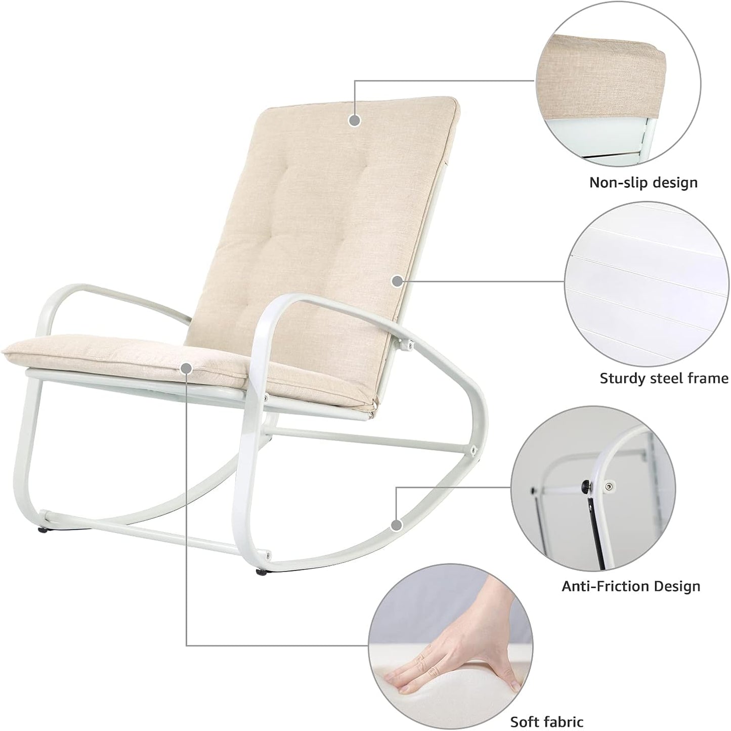 Patio Rocking Chair Outdoor Metal Rocker Chairs with Detachable Cushion for Porch, Balcony, Poolside and Indoor Use, 1 PCS, White
