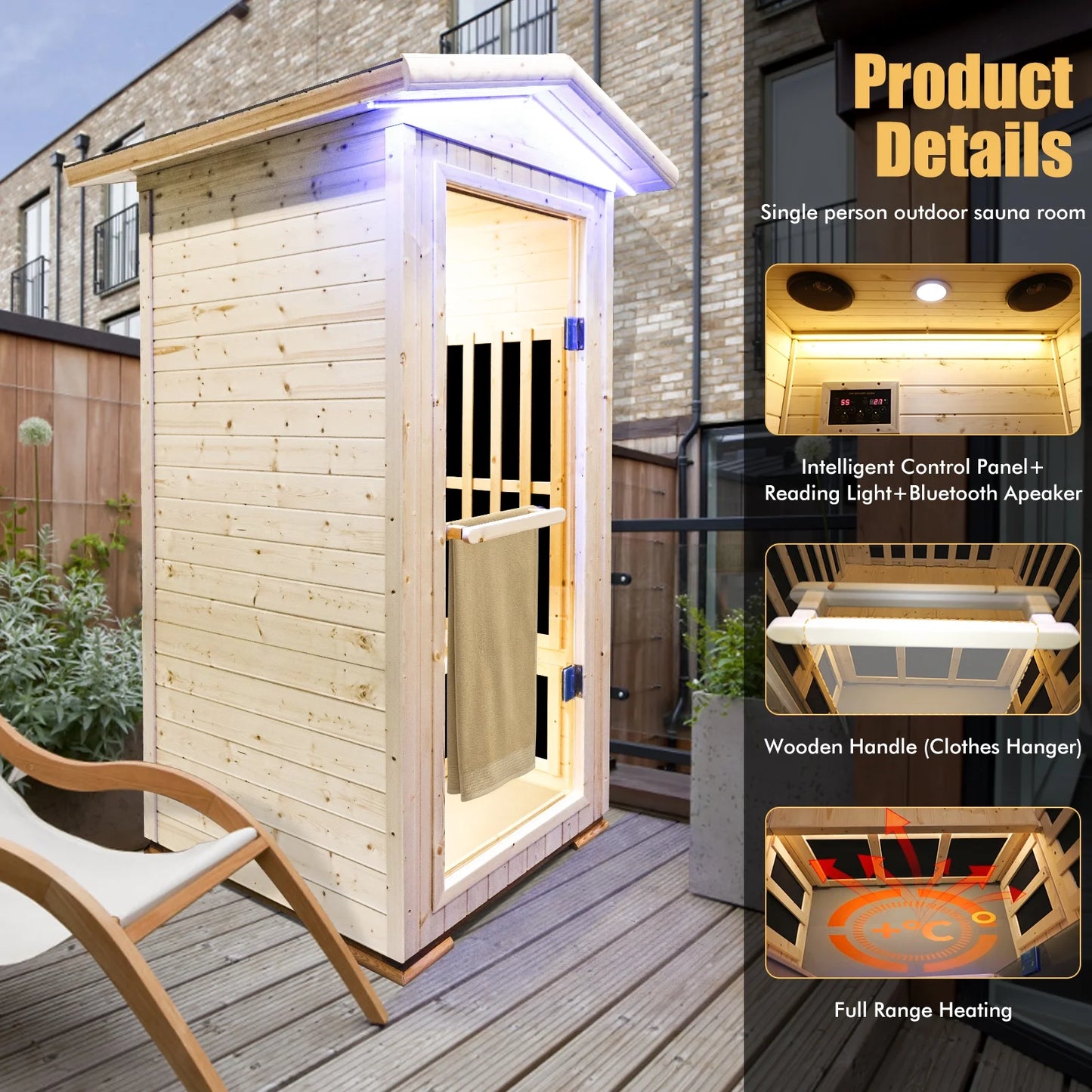 Outdoor Far Infrared Sauna Wooden Saunas Spa 1300W Low-Emf Dry Sauna Room for One Person Finland Spruce Wood