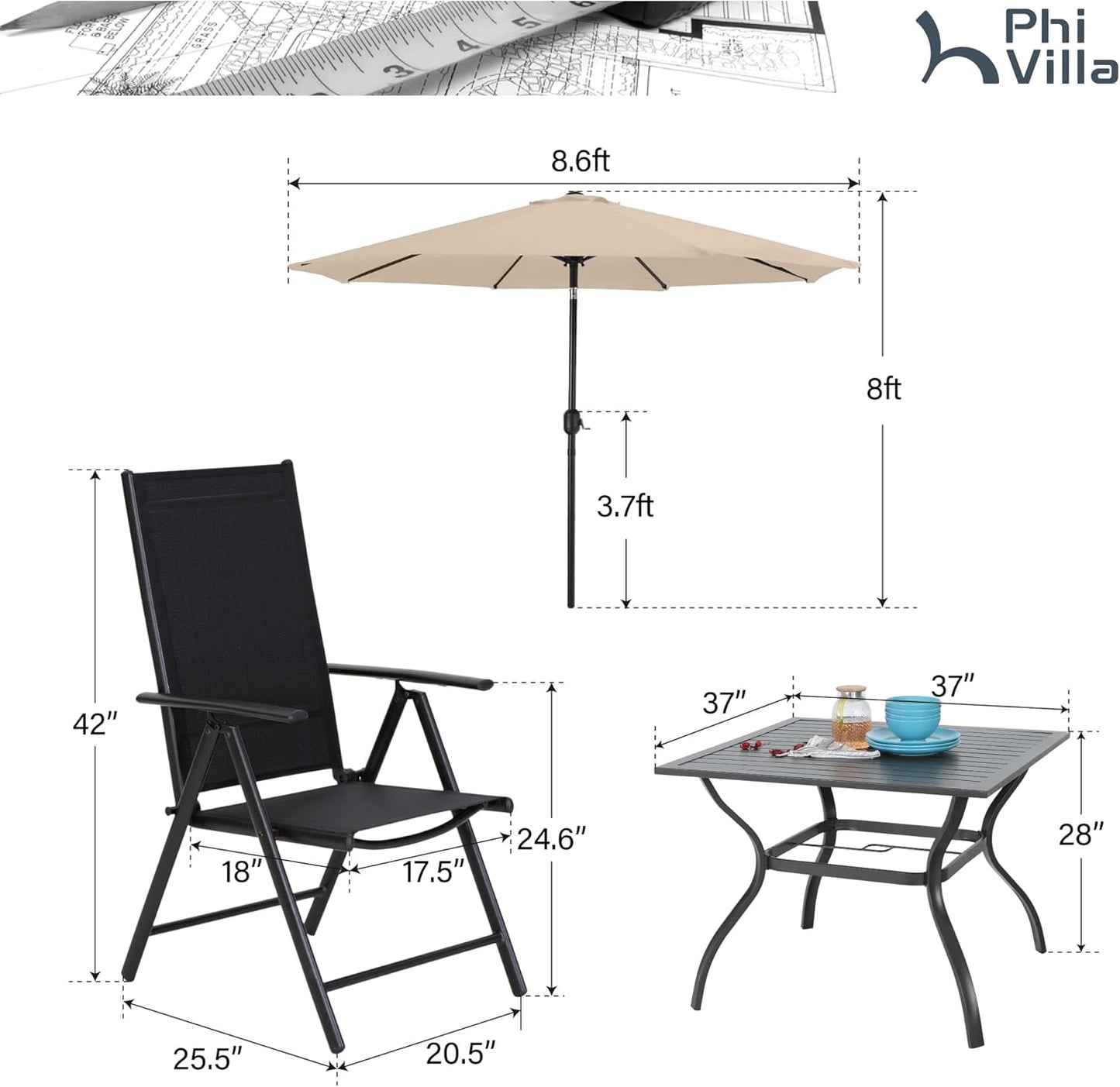 Outdoor Patio Dining Set for 4 with 9 FT Patio Umbrella, Patio Table and Chairs Set with Adjustable Patio Folding Chairs & Outdoor Dining Table, Beige Umbrella (No Base)