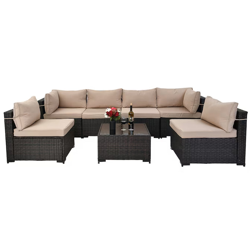 7 -Piece Rattan Patio Sofa Conversation Set with Off-White Cushions