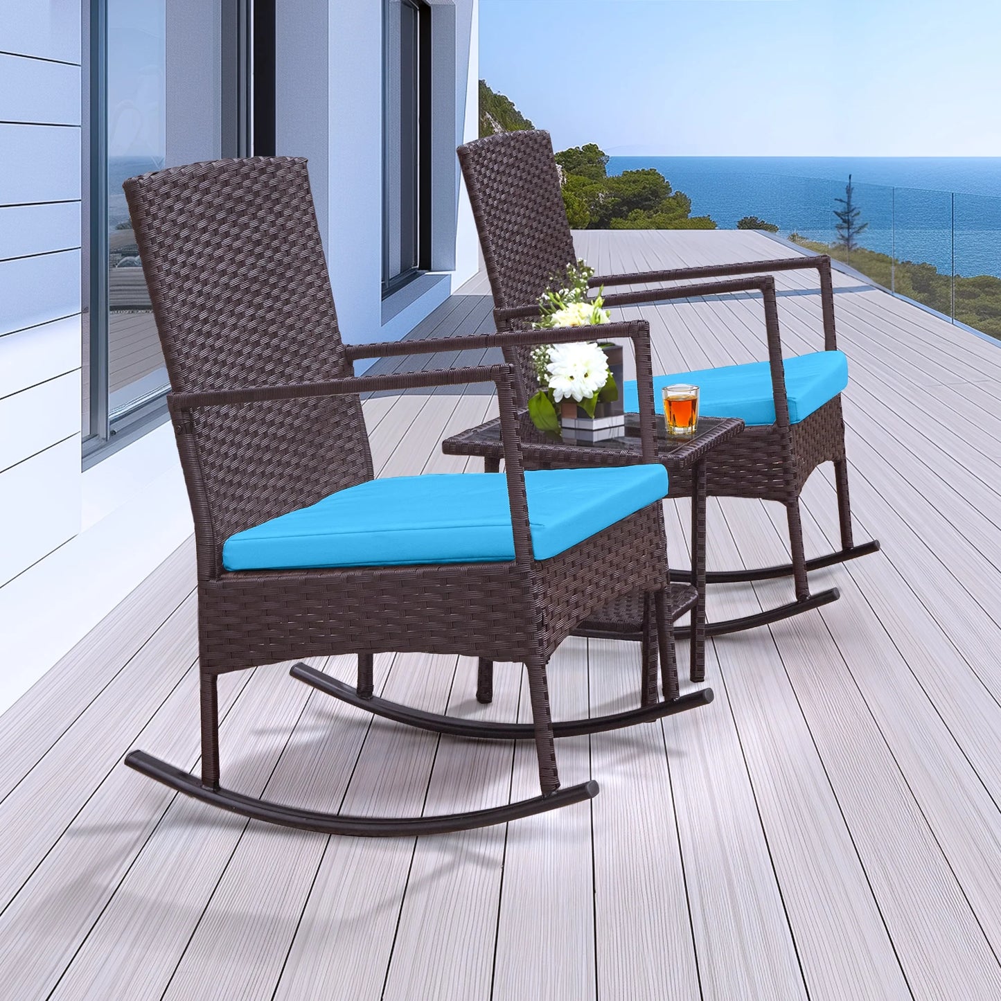 Oversize 3 Piece Patio Furniture Set Outdoor Patio Rocking Chair Set for Balcony Garden Bistro,Blue