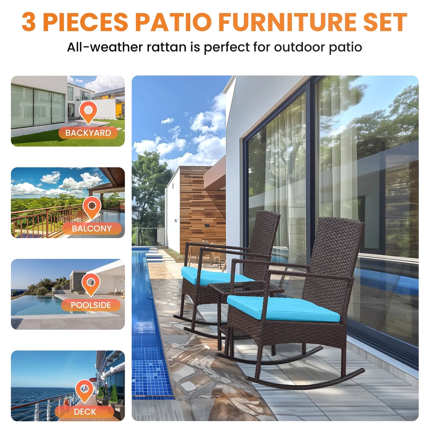 Oversize 3 Piece Patio Furniture Set Outdoor Patio Rocking Chair Set for Balcony Garden Bistro,Blue