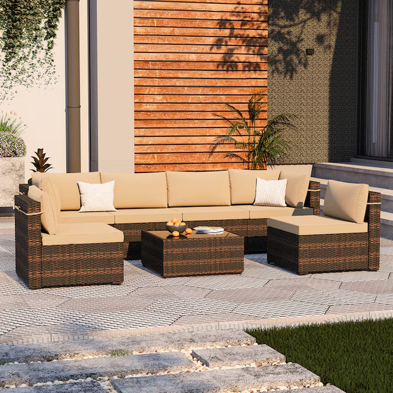 7 -Piece Rattan Patio Sofa Conversation Set with Off-White Cushions