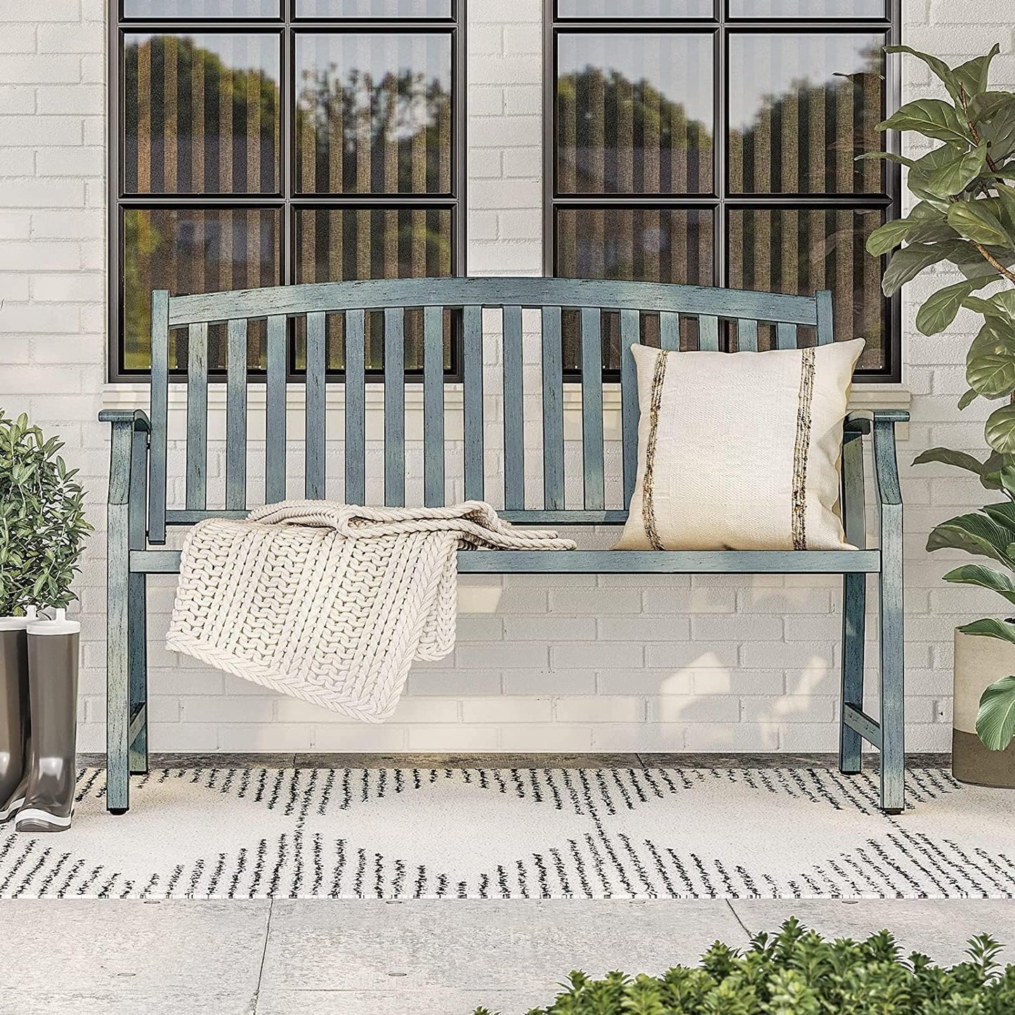 Farmhouse Outdoor Bench, Garden Benches with Anti-Rust Aluminum Metal Frame, Faux Wood Grain Finish Frame Patio Bench for Front Porch, Weathered Blue
