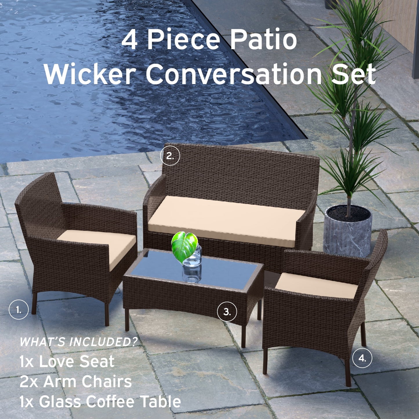 Patio Furniture Set, Outdoor Wicker 4 Piece Patio Chairs Set, Brown with Beige Cushions