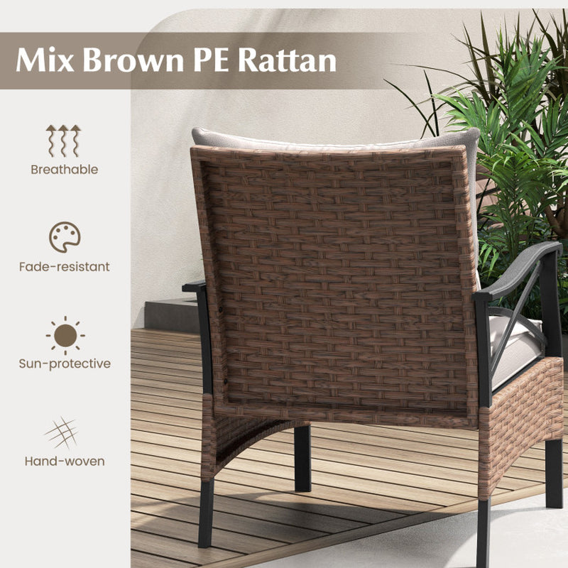 5 Pieces Wicker Patio Furniture Set Ottomans and Cushions and 2-Tier Tempered Glass Side Table