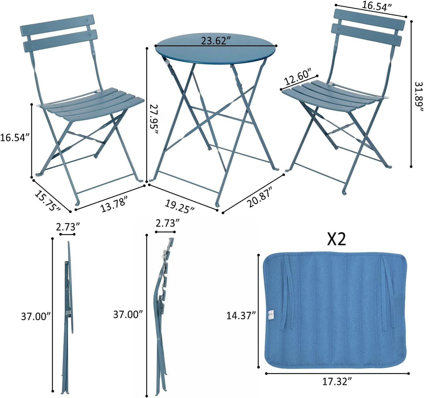 Patio Bistro Set, Outdoor Patio Furniture Sets, 3 Piece Patio Set of Foldable Bistro Chairs and Table, Light Blue