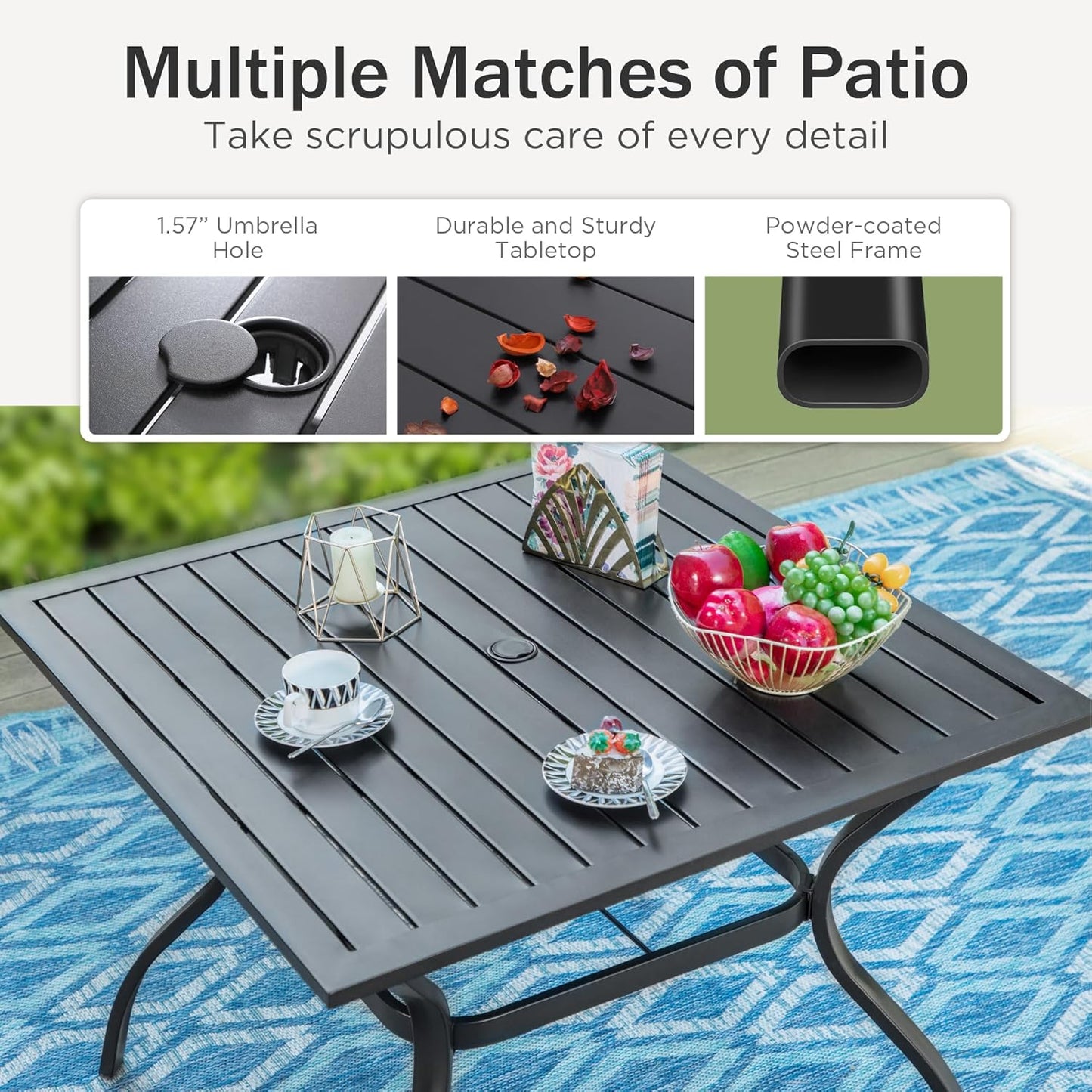 Outdoor Patio Dining Set for 4 with 9 FT Patio Umbrella, Patio Table and Chairs Set with Adjustable Patio Folding Chairs & Outdoor Dining Table, Beige Umbrella (No Base)